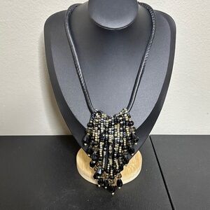 Classic BLACK Faceted Bead & Imitation Pearl Tassel Leather Chain Necklace